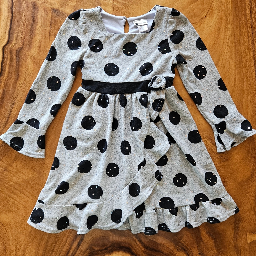 Emily West Gray and Black Polka Dot Kids Dress Size 7
